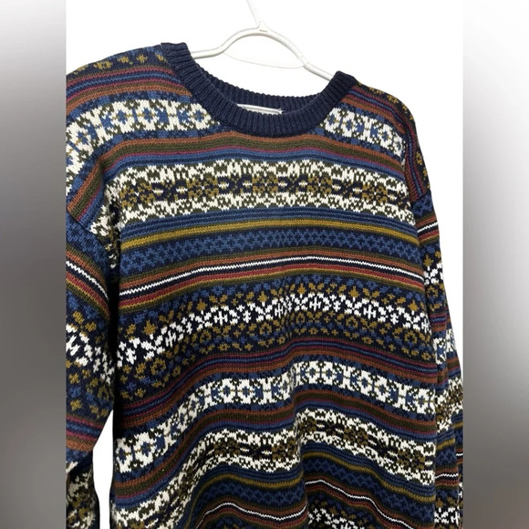 Vintage 80s 90s Bugle Boy Ramie Cotton Blend Navy Blue White Chunky Sweater L - Picture 2 of 4